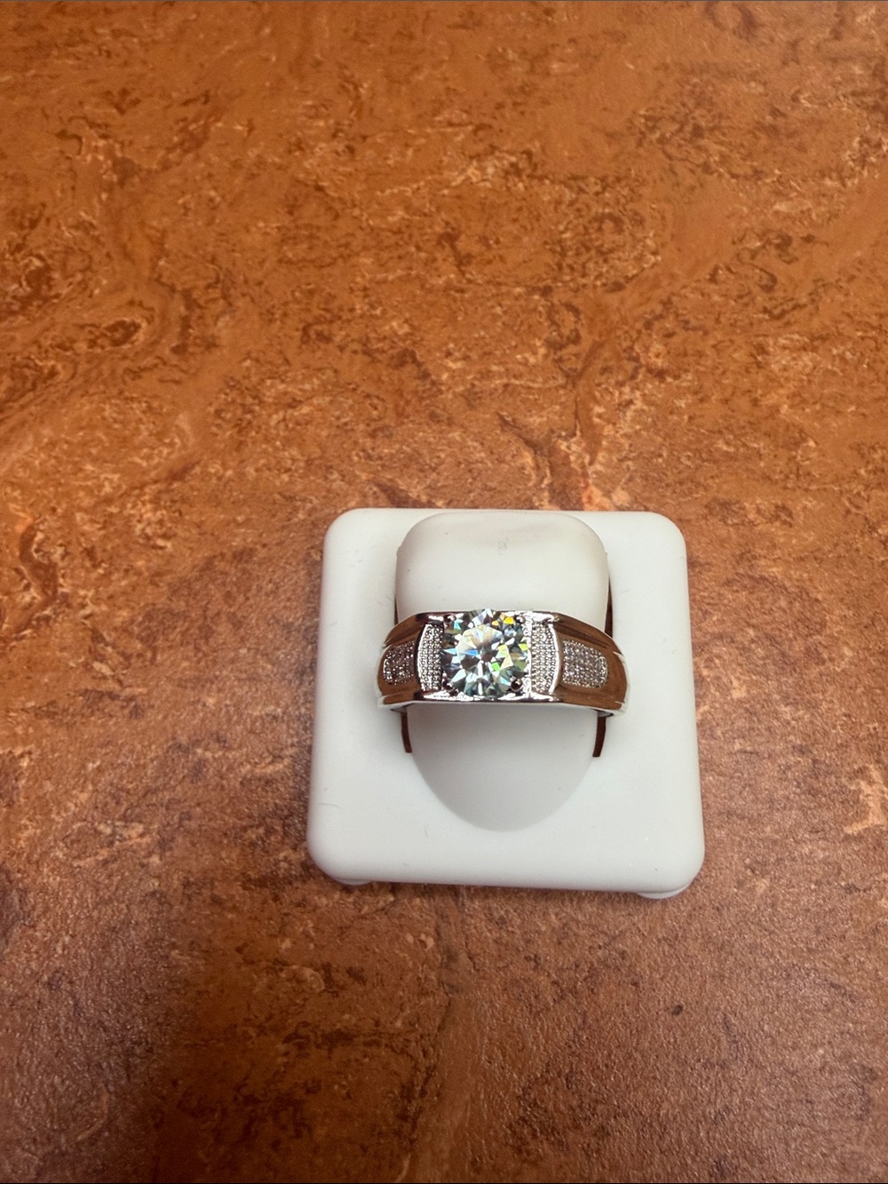 Men's Moissanite Silver Band Ring with Blue Center Stone - Adj Size 9-13